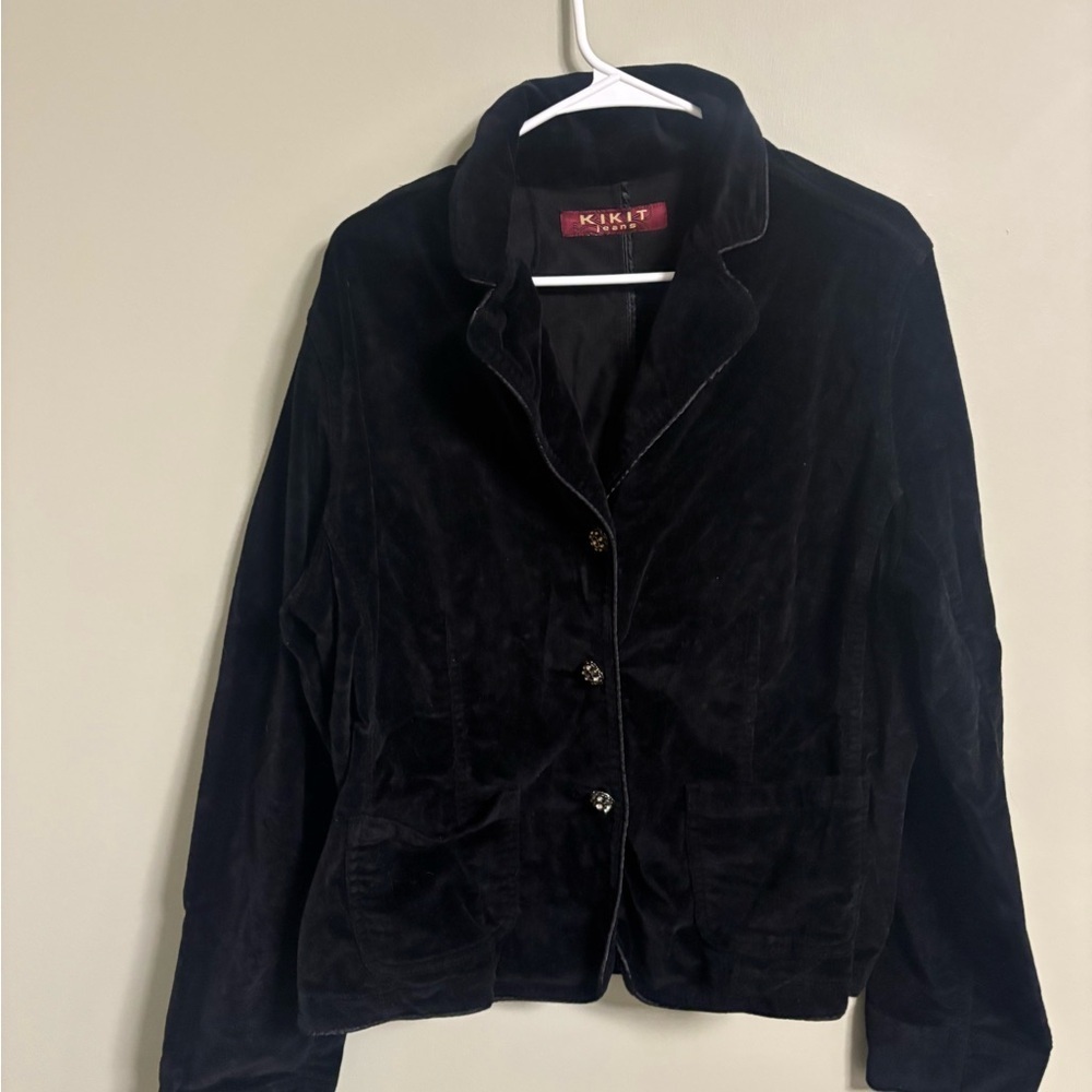 Kikit Short Black Velvet Blazer Jacket Rhinestone Buttons Size XL Y2K